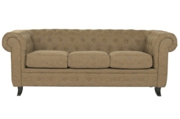 Canapea Chesterfield 3 locuri din piele ecologică maro deschis, cu nasturi pe bază și picioare curbate din lemn, 76 x 196 x 81 cm, „Sir”