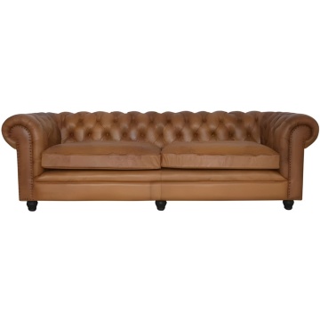 Canapea Chesterfield 3 locuri, din piele naturală, cognac, 240 x 97 x 75 cm