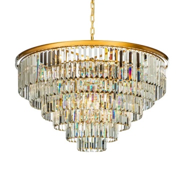 Candelabru rotund din metal, auriu, cu cristale din sticlă în cascadă și lanț reglabil, finisaj satinat, 67 x 112 cm, „Hilton”