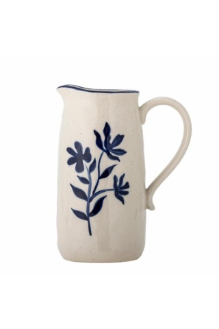 Carafa din ceramică artizanală natur cu motive florale albastre pictate manual, 11×20,5 cm, "Eimy"