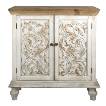 Comodă cu 2 uși, vintage, shabby chic, din lemn, alb, cu blat natur, raft interior și decor sculptat, 100 x 91 x 38 cm, „Fleur de Lys”