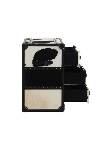 Comodă cu 4 sertare, tip cufăr, din piele naturală cu păr și lemn de stejar, alb și negru, cu colțare din metal, 80 x 100 x 50 cm, „Cow” - Img 4