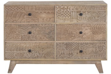 Comodă cu sertare din lemn de mango, natur, decor sculptat manual, finisaj natural, 83 x 118 x 40 cm, „Kheda”