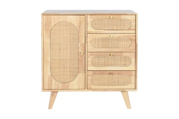 Comodă TV înaltă din lemn de hevea, natur, cu 1 ușă, 4 sertare, 1 raft și inserții din ratan împletit, 78 x 73,5 x 35 cm, „Rustic Charm” - Img 7