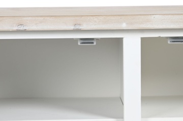 Comodă TV joasă din lemn, alb, cu blat natur, 3 uși, 3 rafturi, lamele tip jaluzea și ușă centrală din sticlă, 45 x 120 x 40 cm, „Pure Living” - Img 7