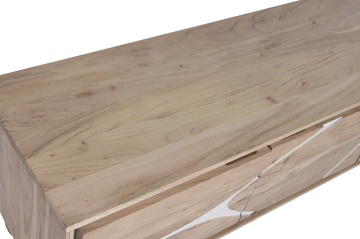 Comodă TV living din lemn de acacia, natur, cu 3 uși, decor alb și picioare sferice, 50 x 145 x 40 cm, „Alvera” - Img 5