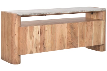 Comodă TV living din lemn de acacia, natur, cu 4 uși, nișă deschisă și blat din marmură, 60 x 150 x 40 cm, „Combourg” - Img 2