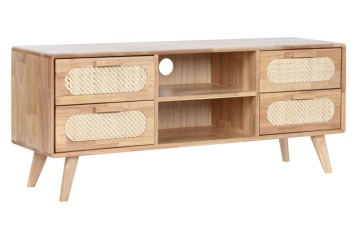 Comodă TV living din lemn de hevea, natur, cu 4 sertare din ratan împletit, 2 nișe și picioare înclinate, 48 x 120 x 30 cm, „Natqi” - Img 2
