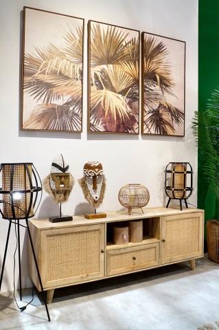 Comodă TV living din lemn de mango, natur, cu 2 uși din ratan împletit, 1 sertar și nișă deschisă, 64 x 180 x 40 cm, „Pornic” - Img 2