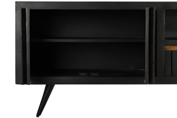 Comodă TV living din lemn de mango, negru, cu 2 uși, 2 sertare, nișă deschisă și inserții din ratan împletit, 60 x 145,5 x 40,5 cm, „Cheverny” - Img 5