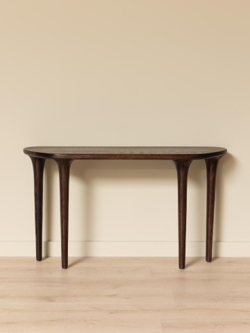 Consolă din lemn de stejar, cu blat semioval și picioare conice, maro antichizat, finisaj satinat, 132×27×75 cm, „Calvin" - Img 4