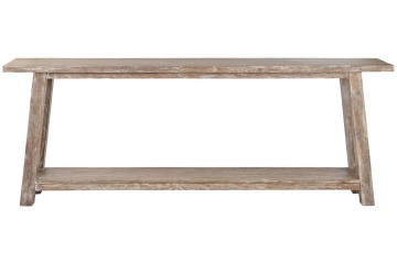 Consolă din lemn de tec reciclat, alb, cu 1 raft, aspect rustic, finisaj patinat, 90 x 240 x 46 cm, „Granville”