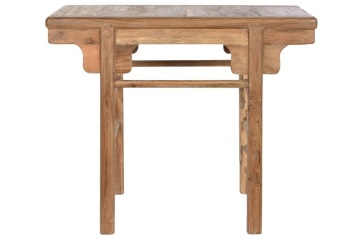 Consolă hol farmhouse din lemn de tec reciclat, natur, cu console decupate sub blat și traverse rotunde, 83 x 100 x 50 cm, „Avana Small”