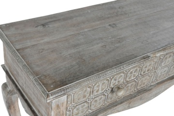 Consolă hol sculptată din lemn de mango, natur, cu 2 sertare, ornamente în patru lobi și picioare cabriole, finisaj décapé, 81 x 91 x 42 cm, „Flyn” - Img 2