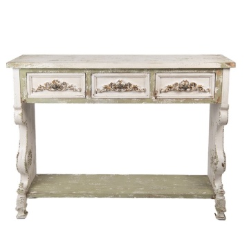 Consolă hol shabby chic din lemn, alb, cu 3 sertare, raft verde și ornamente sculptate, finisaj antichizat, 99 x 129 x 36 cm, „Lisette”