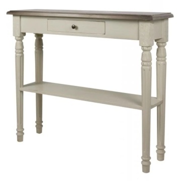 Consolă hol shabby chic din lemn de pin, alb, cu blat natur, sertar, raft și picioare strunjite canelate, 85 x 100 x 30 cm, „Harlem”