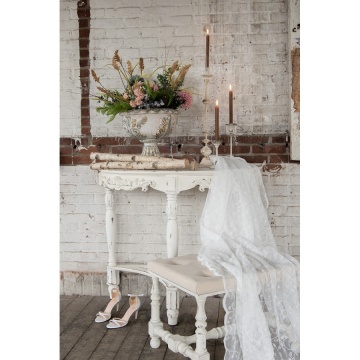Consolă hol shabby chic din lemn masiv, alb, cu blat semicerc, ornamente sculptate și picioare strunjite, 87 x 106 x 48 cm, „Agatha” - Img 2