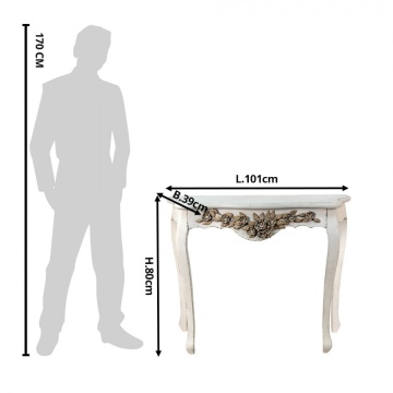 Consolă hol shabby chic din lemn masiv, alb, cu ghirlandă de trandafiri sculptați și picioare curbate, 80 x 101 x 39 cm, „Amarante” - Img 5