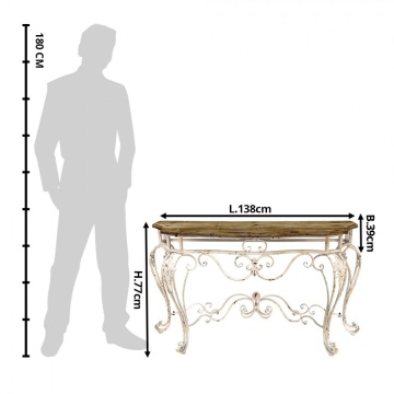 Consolă hol shabby chic din lemn și fier forjat, alb, cu blat natur și picioare curbate cu volute, 77 x 138 x 39 cm, „Clemence” - Img 4