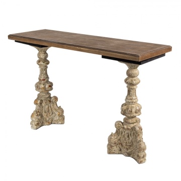 Consolă hol vintage din lemn, natur, cu două picioare-coloană sculptate pe baze cu volute și accente aurii, 77 x 120 x 40 cm, „Roccaire” - Img 2