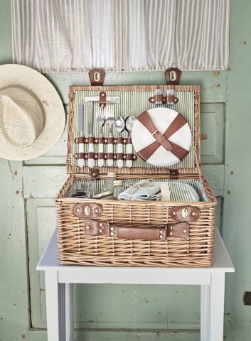 Coș de picnic mare din răchită împletită cu căptușeală în dungi verzi, pentru 4 persoane, „Vendela Large Green" - Img 2