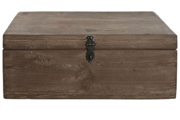 Cufăr decorativ din lemn masiv, maro, cu zăvor ornamental din metal negru și mânere laterale, aspect rustic, 31 x 46 x 31 cm, „Chest”