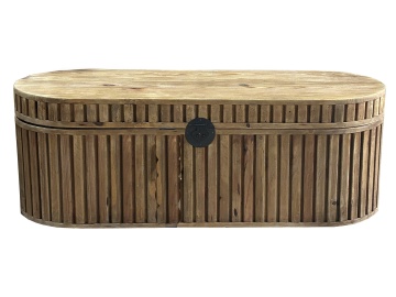 Cufăr oval din lemn reciclat, maro, cu lamele verticale și încuietoare rotundă din metal negru, aspect rustic, 45 x 130 x 48 cm, „Taulignan”