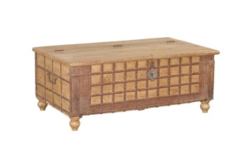 Cufăr vintage din lemn reciclat și metal, natur, cu feronerie în relief și picioare rotunde, finisaj patinat, 52 x 127 x 66 cm, „Lamanon” - Img 10