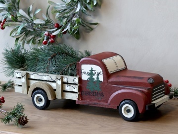 Decorațiune vintage camionetă cu brad de Crăciun, din lemn și metal, pictat manual, H16 cm - Img 2
