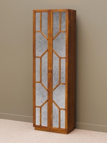 Dulap cu uși vintage din lemn de mango, maro, cu 4 rafturi, 2 uși cu oglinzi antichizate și model geometric, 195 x 60 x 33 cm, „Odette” - Img 5