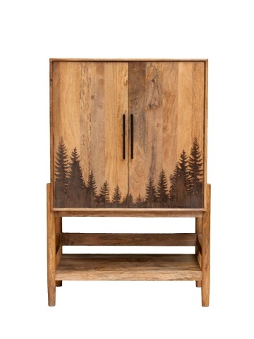 Dulap din lemn de mango, cu 2 uși gravate cu motiv de pădure, 5 rafturi și mânere, natur, finisaj mat, 93×45.5×142.5 cm, „Forestia"