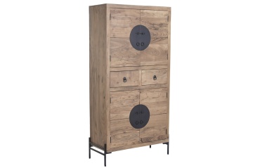 Dulap înalt din lemn de acacia și metal, maro și negru, cu 4 uși, 2 sertare, 2 rafturi și discuri din metal pe uși, 180 x 88 x 40 cm, „Orissa”