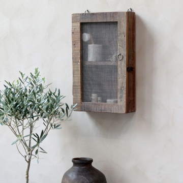 Dulăpior de perete din lemn reciclat, natur, cu 1 ușă cu plasă metalică, 1 raft și mâner-inel din metal, 47 x 29 x 10 cm, „Zora” - Img 2