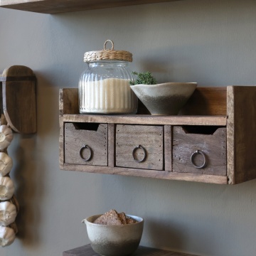 Etajeră de perete din lemn reciclat, natur, cu 1 raft, 3 sertare și mânere în formă de inel, aspect rustic, 15 x 36 x 12 cm, „Grimaud” - Img 2