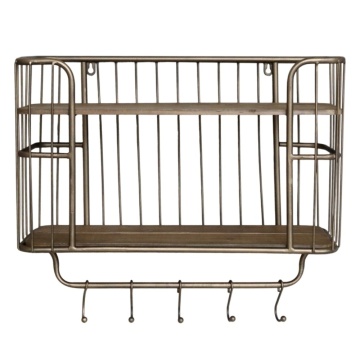 Etajeră de perete vintage din metal și lemn de pin, auriu, cu 2 rafturi și 5 agățători, 45,5 x 52 x 20,5 cm, „Honorine” - Img 1