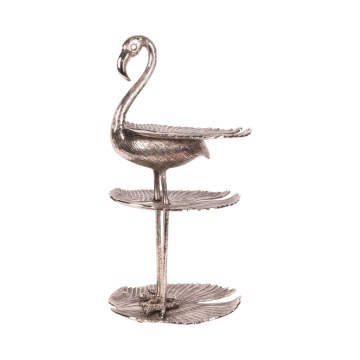 Etajeră pentru prăjituri și fructe din aluminiu reciclat, argintie, cu 3 niveluri, flamingo decorativ, finisaj lucios, 65 x 34 x 24 cm, „Camargue”