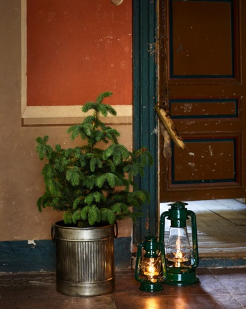 Felinar vintage verde cu petrol, din metal și sticlă, cu detalii aurii, capac de siguranță și fitil inclus, „Hurricane Lantern Green Small" - Img 3