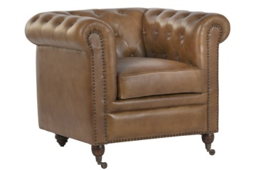 Fotoliu Chesterfield din piele naturală cognac cu aspect antichizat, stil clasic vintage, 90×80×77 cm, „Wellington"