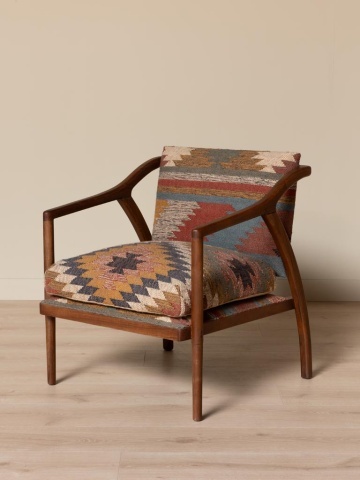 Fotoliu de relaxare în stil etnic, multicolor, din kilim de iută și lână, cu brațe curbate și cadru din lemn de mango, 68×75×83 cm, „Ayaco” - Img 4