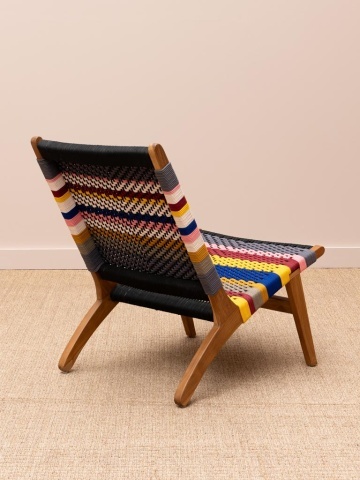 Fotoliu de relaxare în stil etnic, multicolor, din textil împletit în dungi galbene și albastre, cu cadru din lemn de tec, 60×80×81 cm, „Aguayo” - Img 6