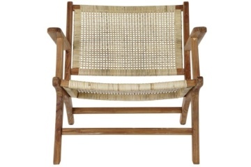 Fotoliu din ratan împletit manual, în stil etnic, natur, cu brațe și structură din lemn masiv de tec, 69×78×68 cm, „Lombok”