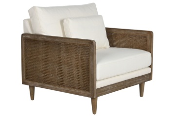 Fotoliu din rattan maro cu perne crem, stil colonial și mid-century, 93 x 86 x 88 cm, „Mandalay”