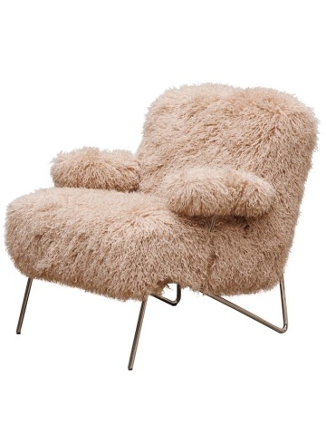 Fotoliu lounge pufos bej din stofă cu fibră lungă tip Mongolian fur cu structură din oțel, „Paddy”