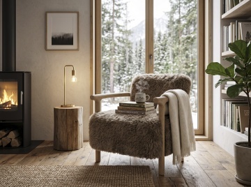 Fotoliu maro pentru living din blană artificială, cu brațe curbate din lemn de frasin, 72×73×76,5 cm, „Rochelle” - Img 2