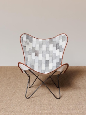 Fotoliu patchwork gri din piele de vacă cu structură din metal, „Aubrac Butterfly” - Img 2