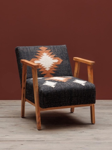Fotoliu pentru living în stil etnic, gri, din kilim de lână și iută naturală, cu cadru din lemn de acacia, 61×80×75 cm, „Sioux” - Img 10