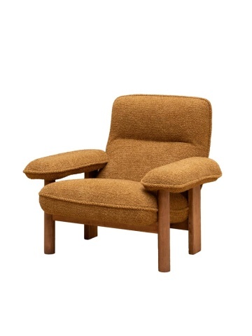 Fotoliu retro din stofă bouclé camel, cu cadru masiv din lemn de pin și brațe late, 96×86,5×82,5 cm, „Biskit”
