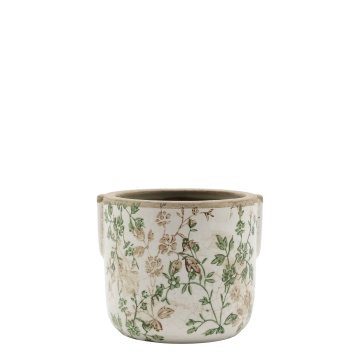 Ghiveci decorativ alb din ceramică antichizată, pictat manual, cu decor floral-vegetal, 11,5x13,5 cm, „Grasse"