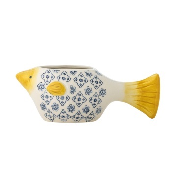 Ghiveci decorativ din ceramică albă în formă de pește cu model floral albastru pictat manual, 25×9×11 cm, „Wrenna"