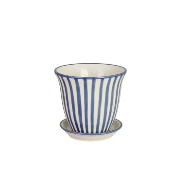 Ghiveci din ceramică pictat manual cu dungi, Ø 16 x H 13,5 cm, albastru, „Miriam"